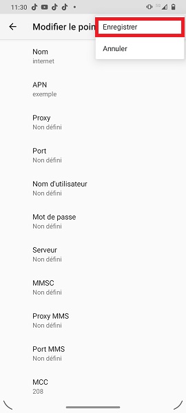 Configuration d’un point d’accès Internet (APN)