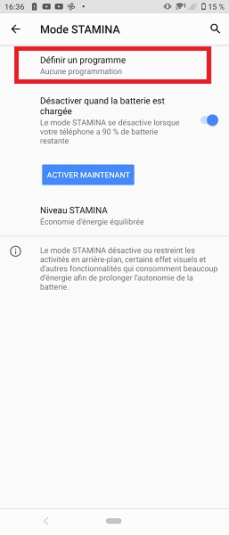 Programmer le mode STAMINA :