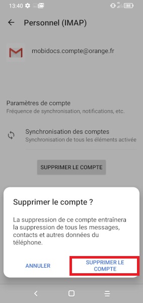 Supprimer un compte e-mail