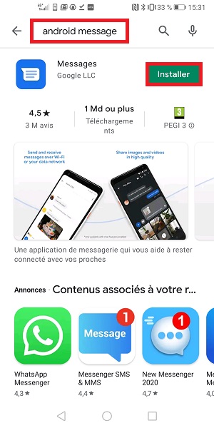Installer l’application android message