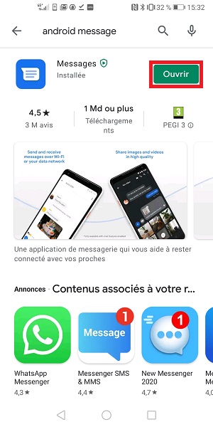 Installer l’application android message