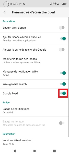 Désactiver Google Discover (page à gauche)