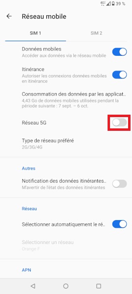 Activez la 3G et/ou la 4G ou la 5G