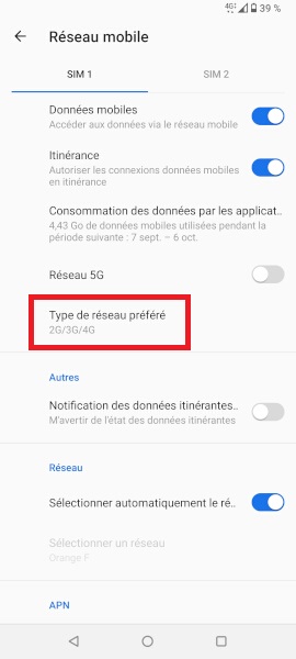 Activez la 3G et/ou la 4G ou la 5G