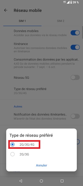 Activez la 3G et/ou la 4G ou la 5G