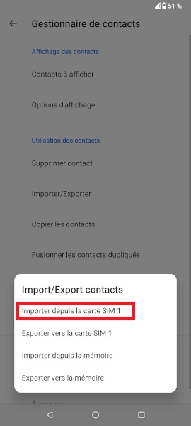 Importer contacts depuis la SIM vers le téléphone.
