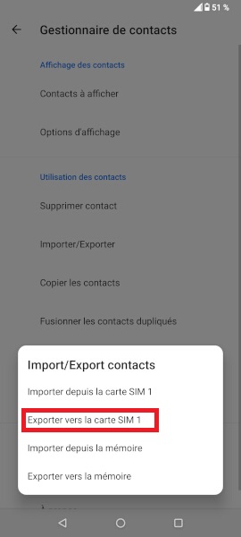 Importer contacts du téléphone vers la SIM.