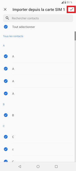 Importer contacts du téléphone vers la SIM.