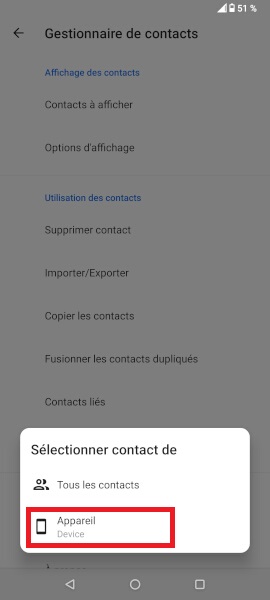 Importer contacts depuis la SIM vers le téléphone.
