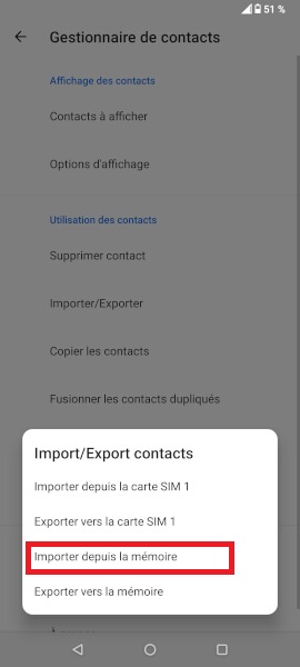 Importer contacts au format fichier.vcf.
