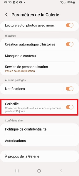 Vérifier la corbeille de la galerie Samsung