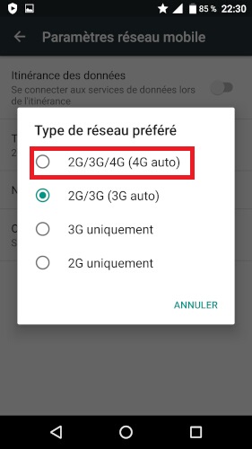 Activez la 3G et/ou la 4G
