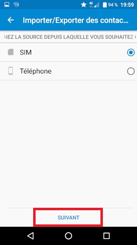 Importer contacts depuis la SIM vers le téléphone.