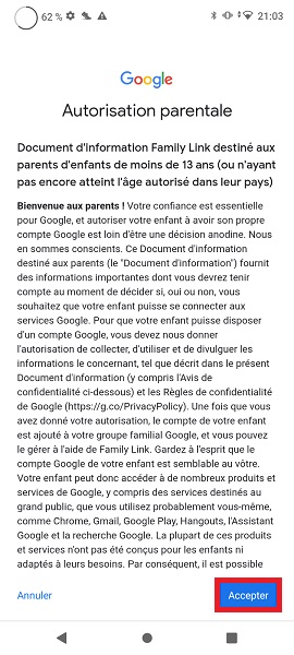 Connecter le compte Google des parents à celui de votre enfant.