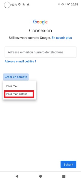 Créer compte Google de votre enfant.