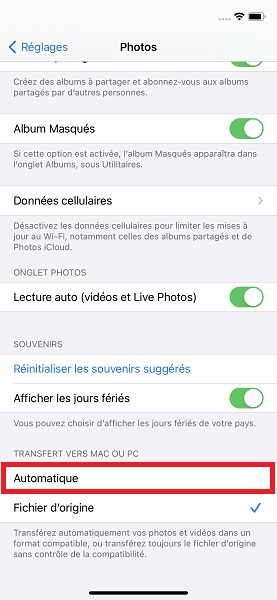 Méthode 2 : conversion automatique au transfert PC