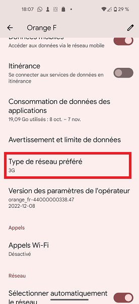 Sélectionner le type de réseau préféré (4G/5G)