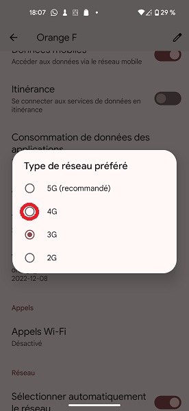 Sélectionner le type de réseau préféré (4G/5G)