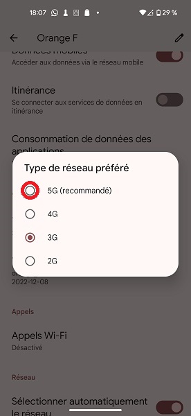 Sélectionner le type de réseau préféré (4G/5G)