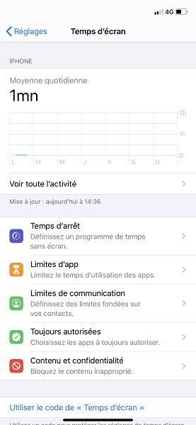 Activer Temps d’écran et le code dédié