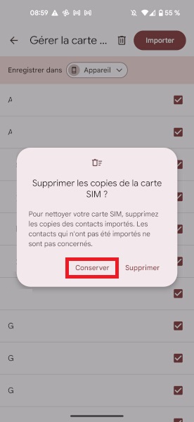 Importer les contacts depuis une carte SIM