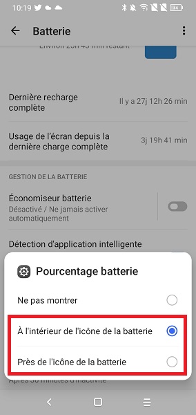 Pourcentage batterie sur Samsung Galaxy