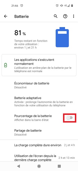 Pourcentage batterie sur Google Pixel