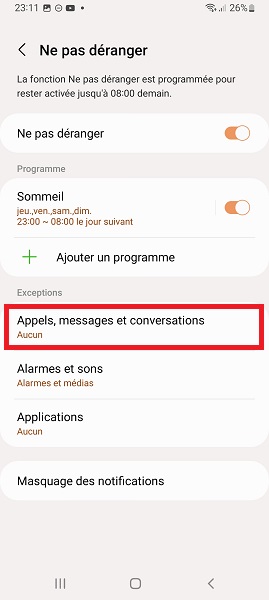 Autoriser des exceptions : appels, messages, alarmes