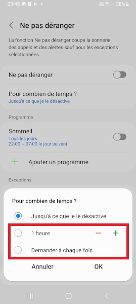 Activer le mode pendant une durée limitée