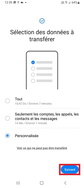 Choisir les données et lancer le transfert