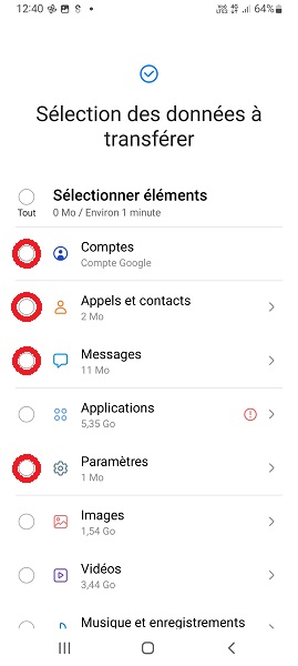 Choisir les données et lancer le transfert