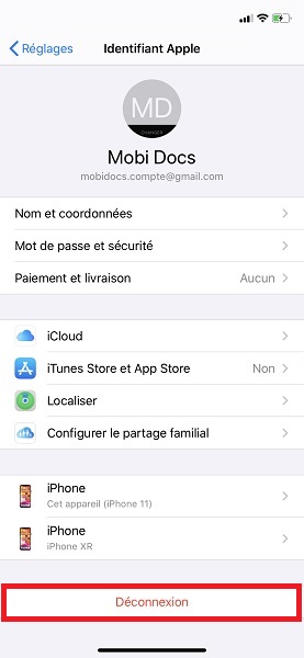 Déconnecter son compte Apple.
